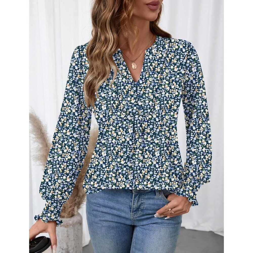 Women's Long Sleeve V Neck Blouse Casual Dressy Tops for Work and Outfits - Picture 4 of 6